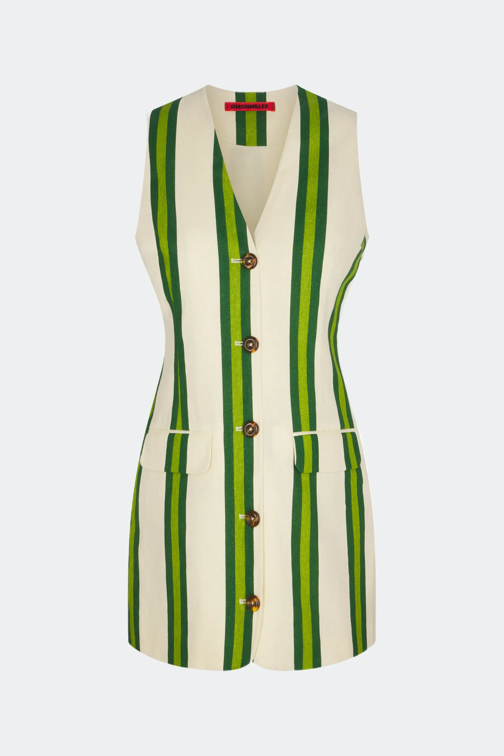 Carob Printed Linen Mini Dress in Cream/Green Stripe